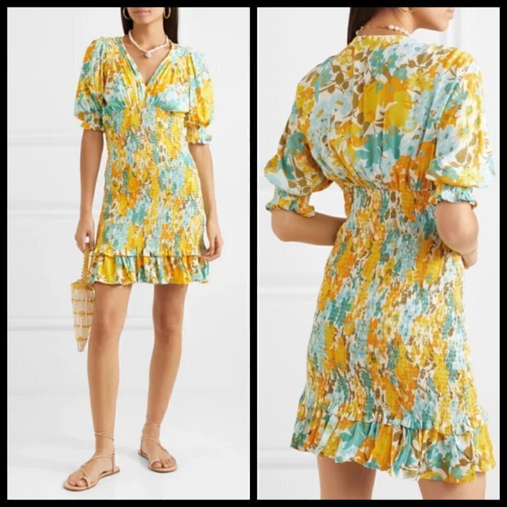 💕FAITHFULL THE BRAND💕 Margherita Shirred Crepe Mini Dress Annina Floral 10 NWT